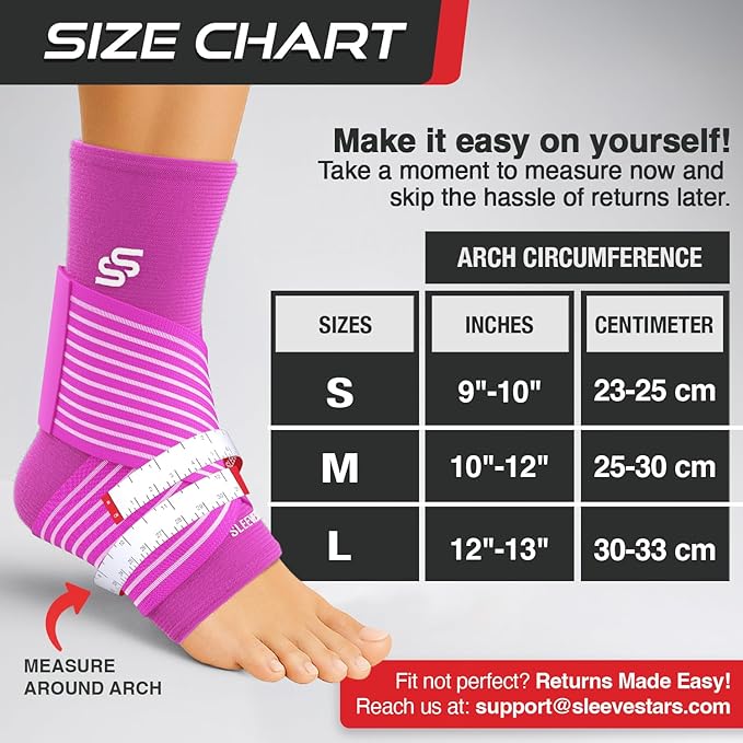 Sleeve Stars Ankle Brace for Women & Men, Ankle Wrap for Sprained Ankle, Compression Sleeve for Plantar Fasciitis Relief, Easy Customizable Support: w/Removable Strap (Single/S:9"-10"/Hot Pink)