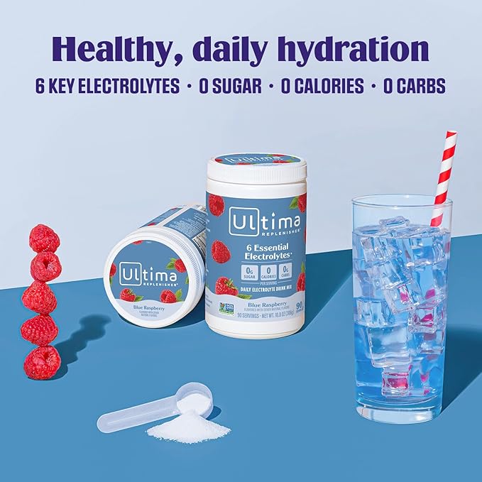 Ultima Replenisher Daily Electrolyte Powder Drink Mix – Sugar Free – Blue Raspberry, 90 Servings – Hydration Powder with 6 Electrolytes and Minerals – Keto Friendly, Vegan, Non-GMO