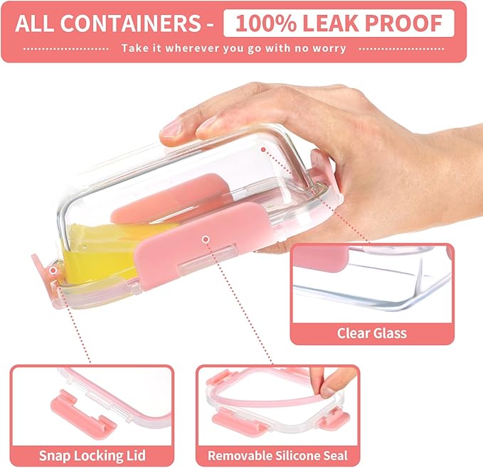 Glass Meal Prep Containers 12-Pack, 22oz Glass Food Storage Containers with Lids, Air-Tight, Leak-Resistant, Freezer to Microwave Safe-Pink Set