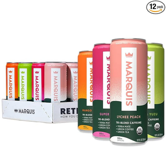 Marquis - Natural Energy Drink - Variety Pack - Sugar Free - 0 Calories - 100mg of Organic Plant Based Caffeine - Yerba Mate - Green Tea - Vitamin C & B Vitamins - Vegan - 12 oz Cans - 12 Pack