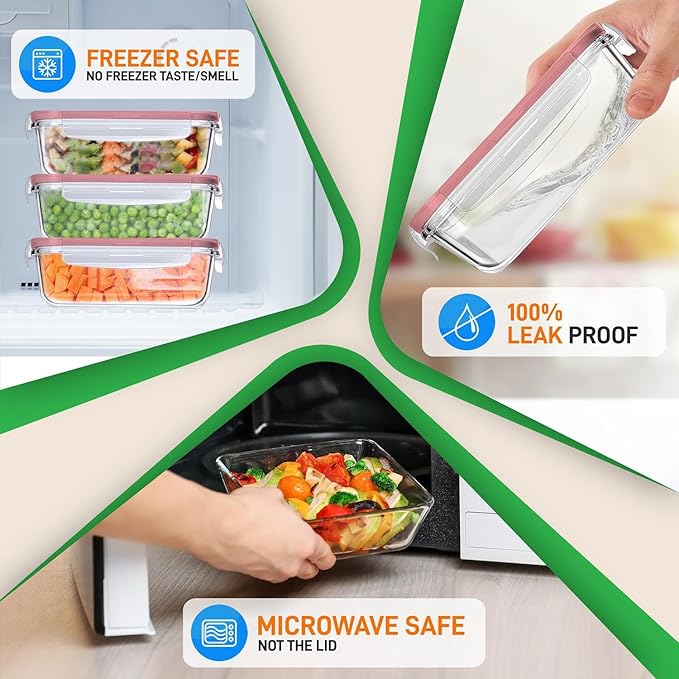 Nutrichef 10-Piece Glass Food Containers - Stackable Superior Glass Meal-prep Storage Containers, Newly Innovated Leakproof Locking Lids w/Air Hole, Freezer-to-Oven-Safe (Red)