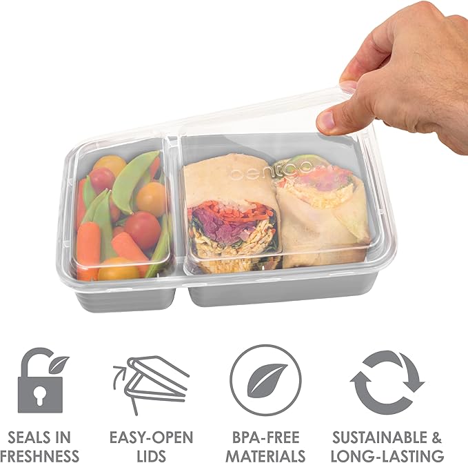 Bentgo 20-Piece Lightweight, Durable, Reusable BPA-Free 2-Compartment Containers - Microwave, Freezer, Dishwasher Safe - Silver