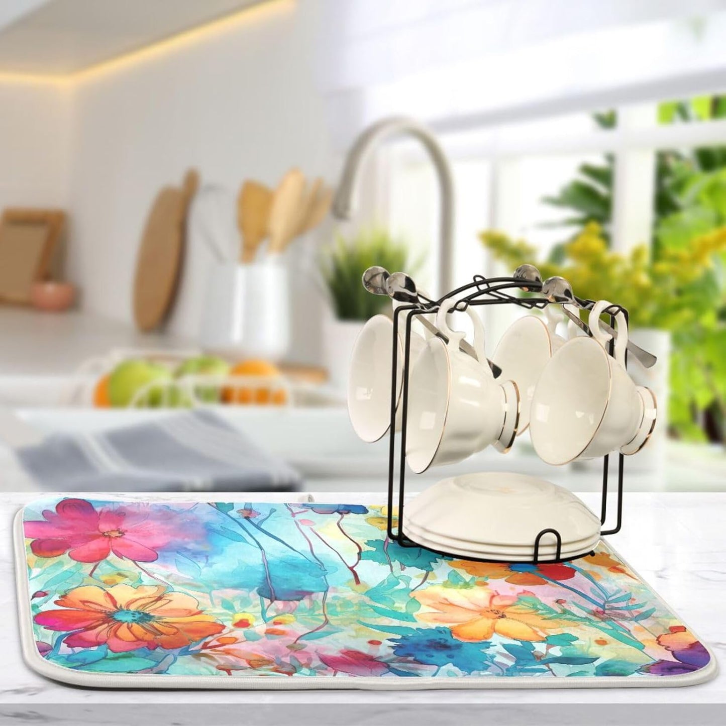 Colorful Beautiful Flowers Dish Drying Mat for Kitchen Counter Absorbent Microfiber Drying Pad, Large 18x24 in, Reversible Drainer Mats
