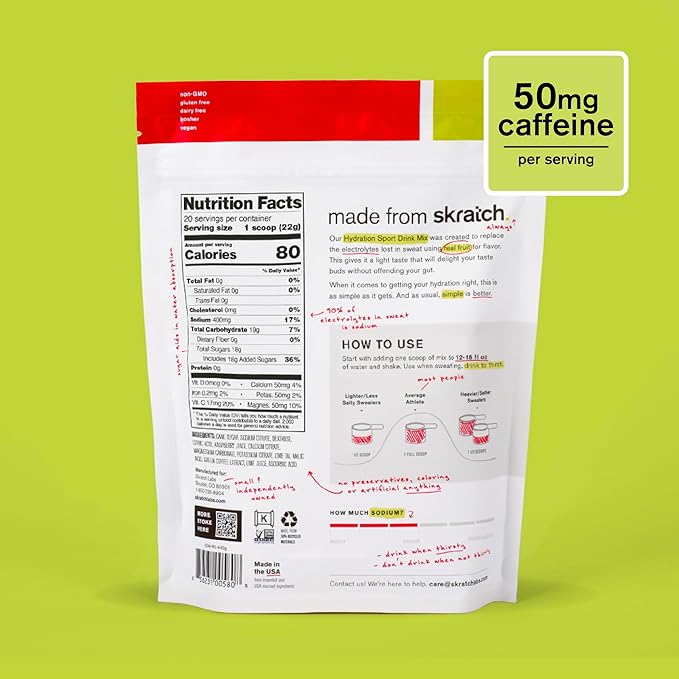 Skratch Labs Hydration Powder | Sport Drink Mix | Electrolytes Powder for Exercise, Endurance, and Performance | Raspberry Limeade with Caffeine | 20 Servings | Non-GMO, Vegan, Kosher