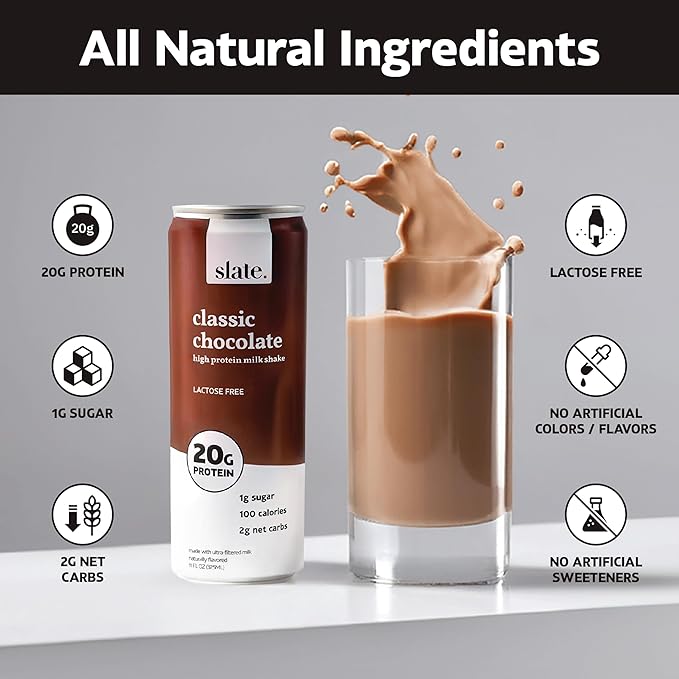 Slate Milk - High Protein Milk Shake - Classic Chocolate - Lactose Free, 20g Protein, 1g Sugar, 100 Calories, 2g Net Carbs, No Added Sugar - Natural, Breakfast Boost, Post Workout - 11 fl oz, 24 Cans