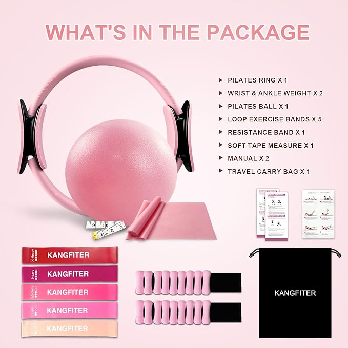Pilates Ring Set 11 PCS, Magic Circle Yoga Ring, Pilates Ball, Adjustable Ankle Wrist Weights, Resistance Bands, Tape Measure, Pilates Kit Equipment Accessories for Women Home Workouts Yoga