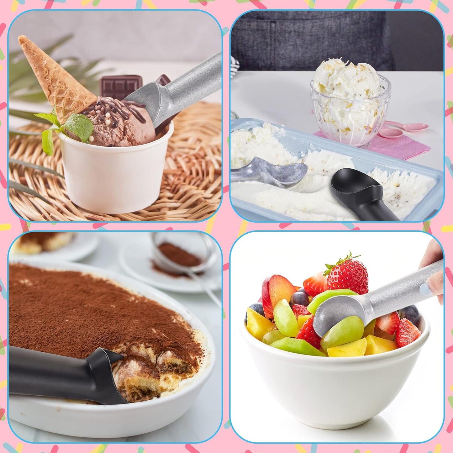 Gejoy 12 Pcs Ice Cream Scoop 7 Inch Nonstick Anti Freeze Ice Cream Scooper Aluminum Design Dessert Spoon for Gelatos Frozen Yogurt Fruit Sundaes Sorbet Almond Cookie Dough (Black and Silver)