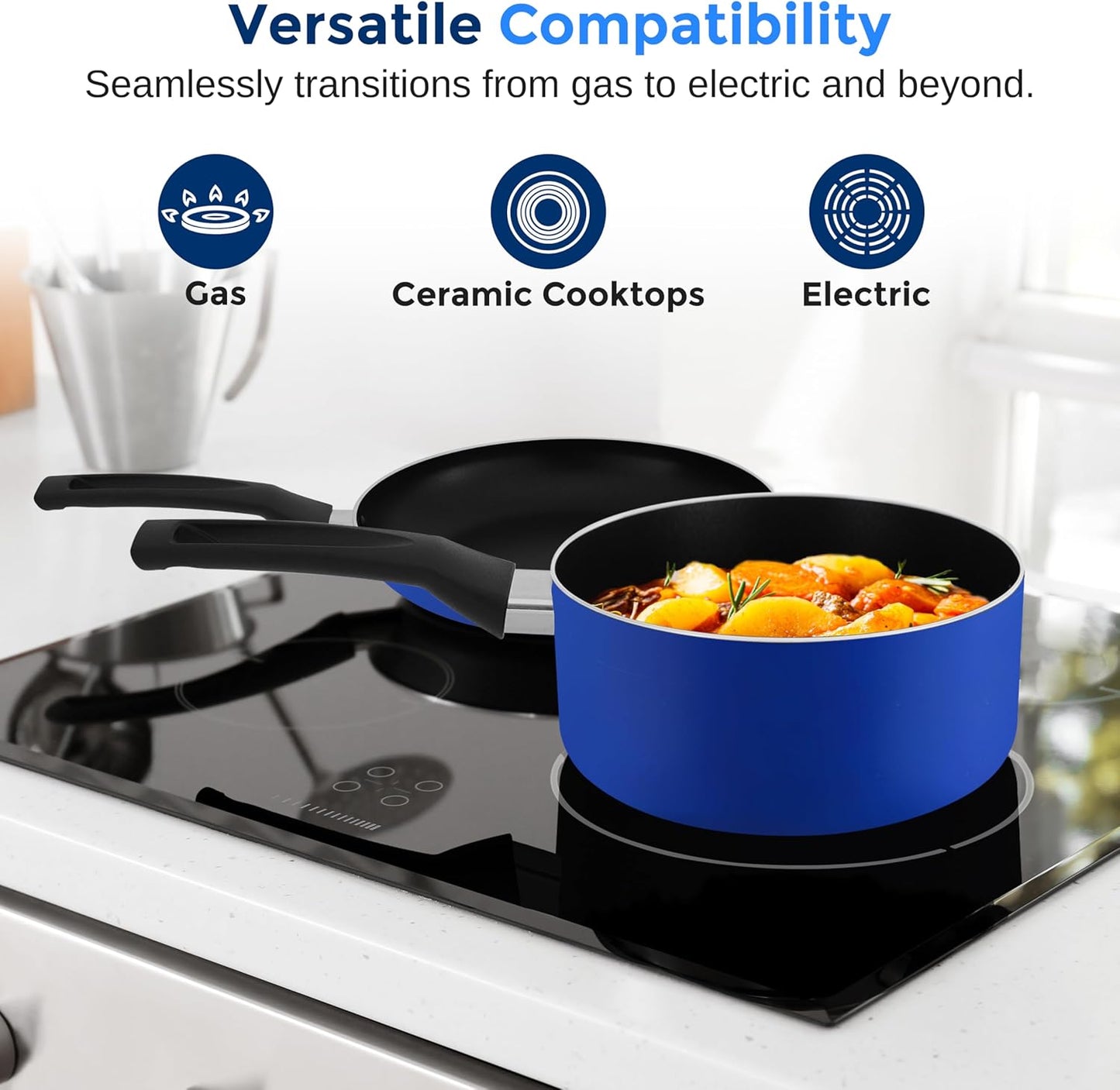 SereneLife Kitchenware Pots & Pans Basic Kitchen Cookware, Black Non-Stick Coating Inside, Heat Resistant Lacquer (6-Piece Set), One Size, Blue