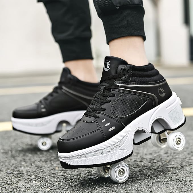 Roller Skate Shoes for Women Four Rounds Children's Roller Skates Shoes That Turn into Rollerskates Sneakers Outdoor Light Shoes with Wheels for Girls/Boys