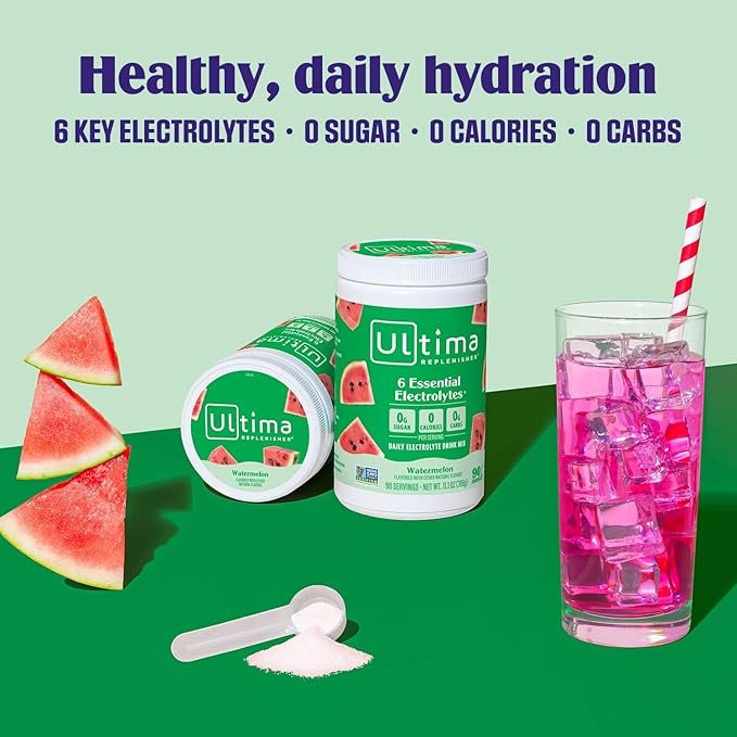 Ultima Replenisher Daily Electrolyte Powder Drink Mix – Sugar Free – Watermelon, 90 Servings – Hydration Powder with 6 Key Electrolytes and Trace Minerals – Keto Friendly, Vegan, Non-GMO
