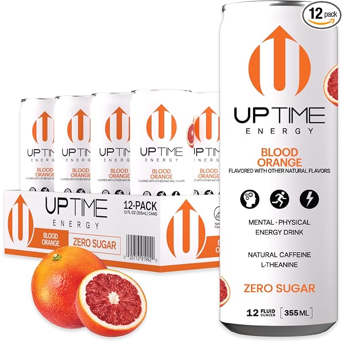 UPTIME Energy Drink, Blood Orange Sparkling, 12 Pack, Vitamin C, L Theanine, Calcium, Sugar Free Energy Drinks for Focus Support, 142mg of Natural Caffeine, 0 Calories, Clean, Natural, 12 fl oz Cans