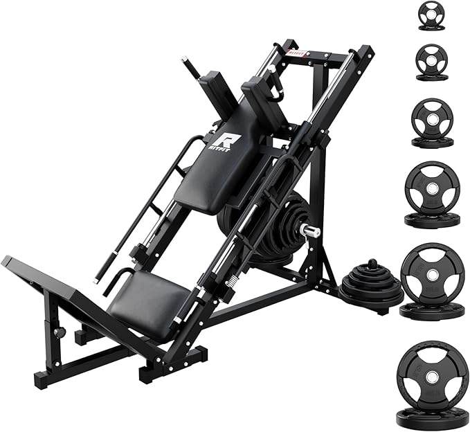 RitFit Adjustable Leg Press and Hack Squat Machine with Weight Plate Set, Professional Home Gym Equipment with Linear Bearings, Specialized for Complete Lower Body Workouts and Weight Storage Posts