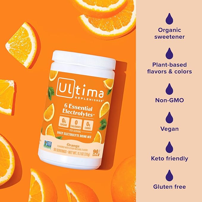 Ultima Replenisher Daily Electrolyte Powder Drink Mix – Sugar Free – Orange, 90 Servings – Hydration Powder with 6 Key Electrolytes and Trace Minerals – Keto Friendly, Vegan, Non-GMO