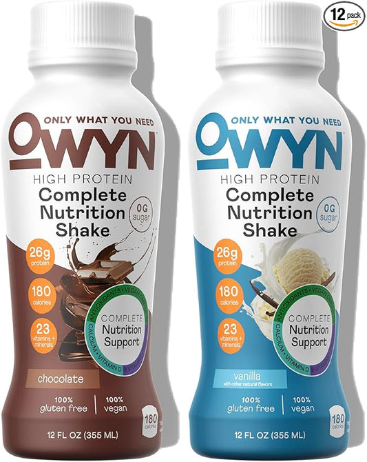 OWYN Only What You Need High Protein Plant Based Complete Nutrition Shake, Chocolate & Vanilla Variety Pack, 12 Fl Oz (12 Pack)