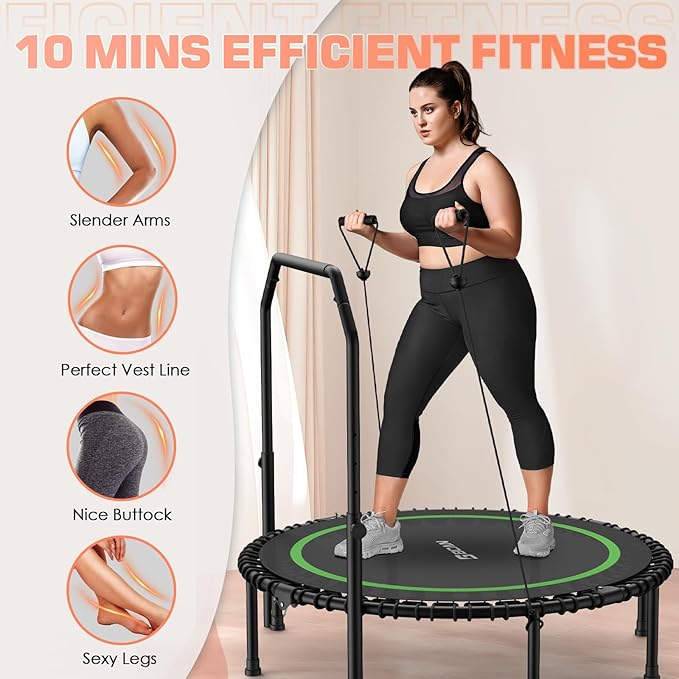 BCAN 40"/48" Foldable Mini Trampoline with Resistance Band, 450 LBS Adult Fitness Trampoline with Bungees, U Shape Adjustable Foam Handle, Stable & Quiet Indoor/Garden