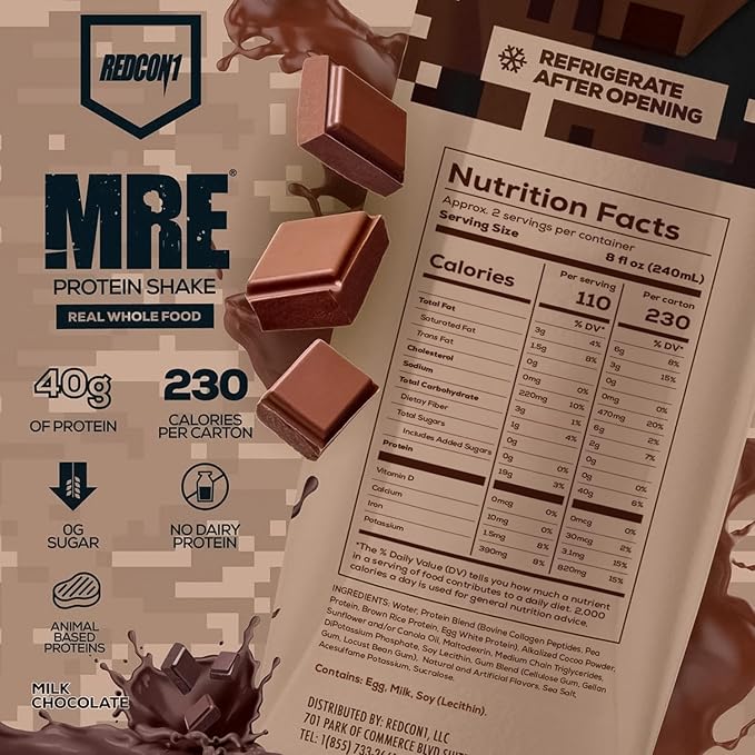 REDCON1 MRE Ready to Drink Protein Shake, Milk Chocolate - Lactose + Whey Free RTD 40gr Protein Made with Real Whole Food Protein Blends - Keto-Friendly and Easy to Digest Nutritional Shake (12 Pack)