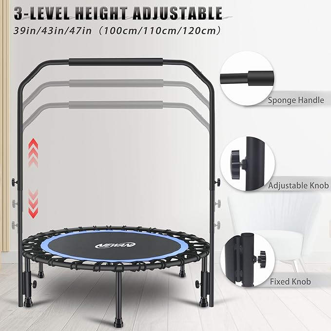 Newan 40" Silent Mini Trampoline with Adjustable Handle Bar Fitness Trampoline Bungee Rebounder Jumping Cardio Trainer Workout for Adults - Max Limit 330 lbs