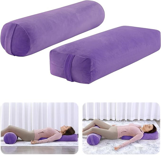 ROYALAY 2 Pcs Yoga Bolster Pillow for Restorative Yoga, Rectangular and Cylinder Meditation Pillow Set with Carrying Handles, Supportive Cushion for Exercise Workout Stretching Meditation,Purple