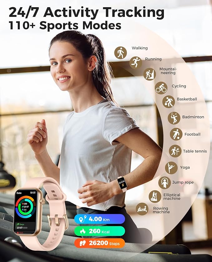 Smart Watch Fitness Tracker (Answer/Make Calls), 24/7 Heart Rate Spo2 Blood Pressure Monitor Sleep Tracker, 114 Sports Modes Calorie Step Tracker Pedometer, Waterproof Activity Tracker for Women