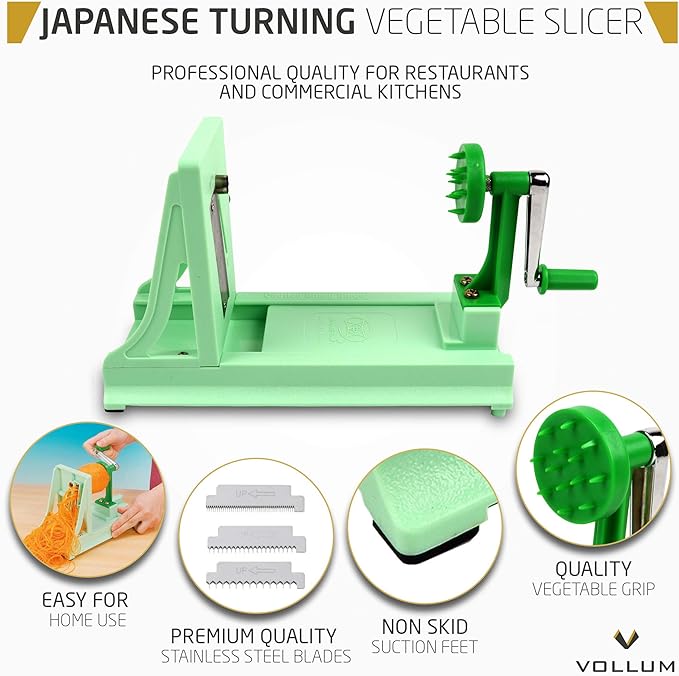 Japanese Turning Vegetable Spiralizer, Veggie Spiralizer For Fresh Zucchini, Squash, Butternut Squash with 1 Straight-Edged Blade and 3 Serrated Blades Multiple
