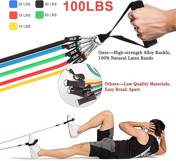 Resistance Bands Set, Workout Bands with Handles, Door Anchor, Ankle Straps and Carry Bag, Exercise Bands for Shape Body and Home Workouts