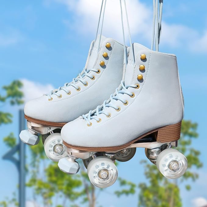 Roller Skates for Women or Men with Height Adjustable Rubber Stoppers Retro Suede Quad Roller Skates for Outdoor and Indoor