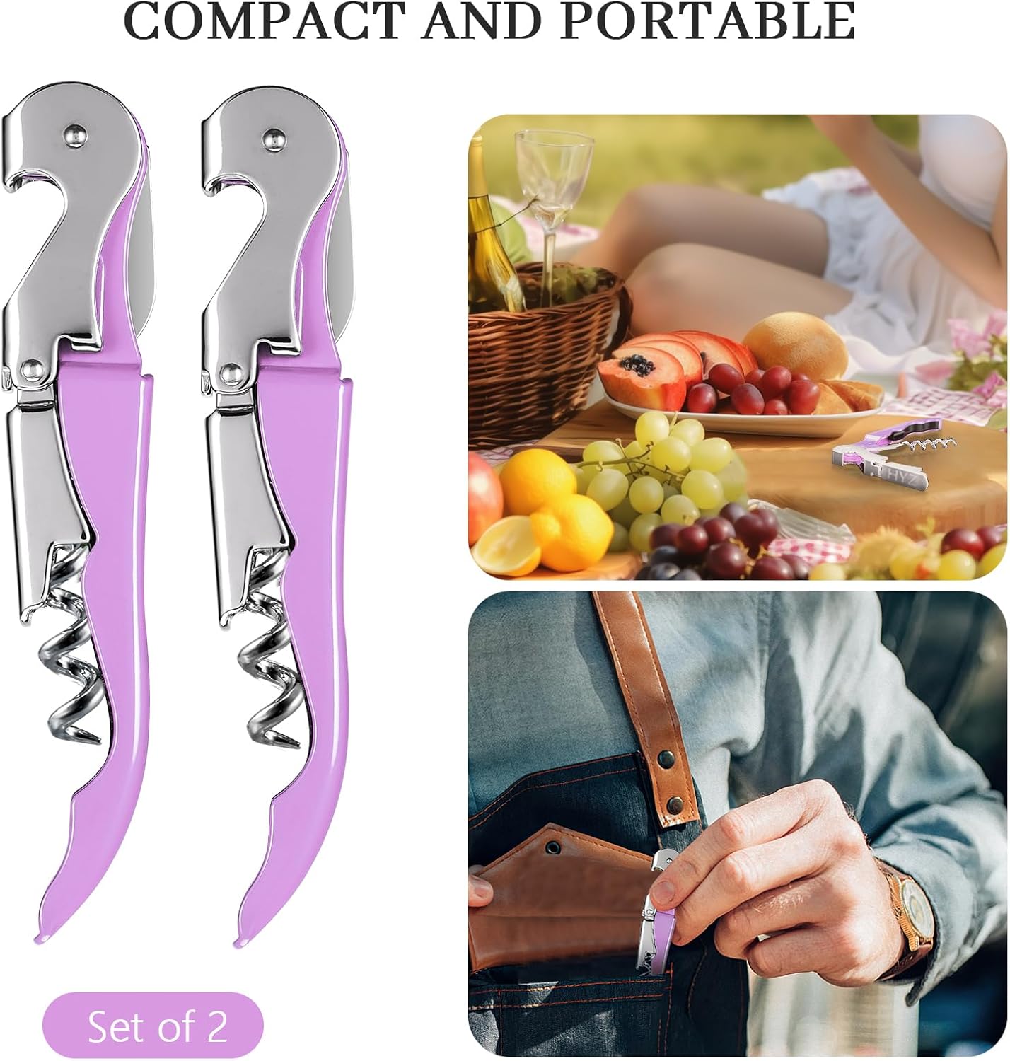 HYZ 2-Pack Wine Opener Waiter Corkscrew, Professional Wine Key for Servers, Bartender with Foil Cutter, Manual Wine Bottle Opener Double Hinged (Light Purple)