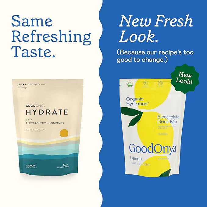 GOODONYA Organic Hydration Electrolyte Drink Mix, Certified Organic Hydration Powder, Non-GMO, Biochecked Glyphosate Free, Low Sugar, Lemonade Flavor, No Artificial Flavors, 42 Servings