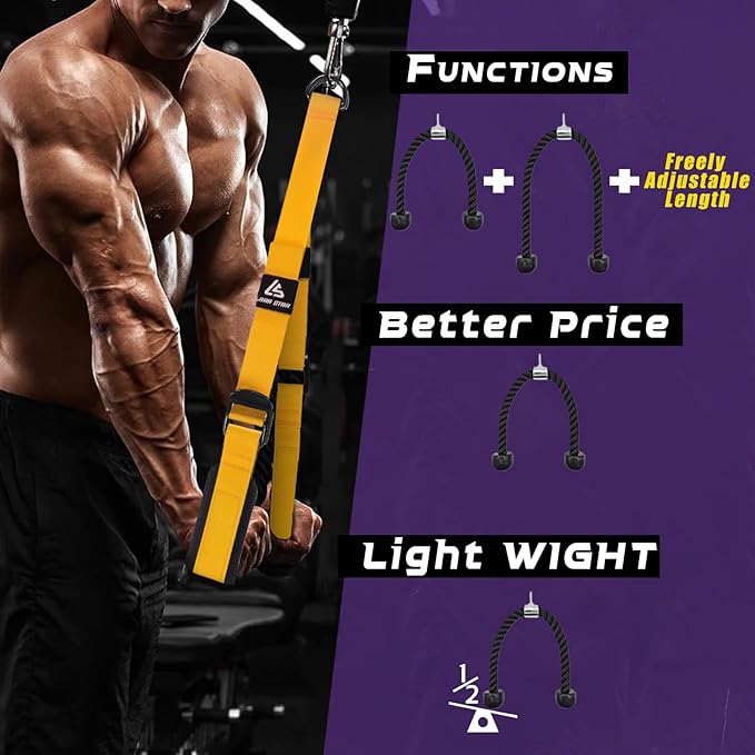 Tricep Rope Cable Attachment Adustable Length (24-54 Inch) ,Ideal Alternative for 27 36 48 Inch Long Tricep Ropes, Greater Range of Motion,Pull Down Rope Extension Straps Cable Crossover Accessories