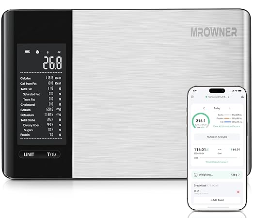 Smart Food Kitchen Scale with Nutritional Calculator, Free App with 19 Nutrients Tracking, Calorie, Marco, Digital Weight Grams and Ounces for Weight Loss, Premium Stainless Steel, 22lb