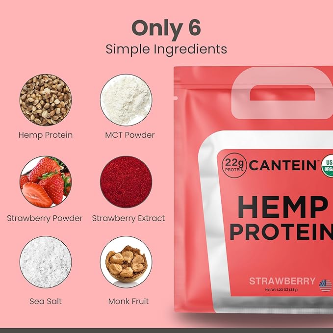 Organic Hemp Protein, Vegan Protein Powder, Clean Plant Based Protein Powder, Non Dairy Protein, Lactose Free Natural Protein, Gluten Free- 1 Servings, Strawberry