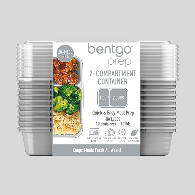 Bentgo 20-Piece Lightweight, Durable, Reusable BPA-Free 2-Compartment Containers - Microwave, Freezer, Dishwasher Safe - Silver