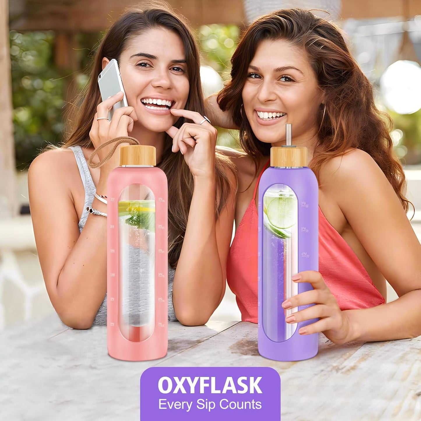 Glass Water Bottles 32 oz - Motivational Drinking Glass Water Bottle with Silicone Sleeve, Straw & 2 Bamboo Lids - 1 Liter Clear Borosilicate Daily Intake Tumbler with Time Marker - Violet