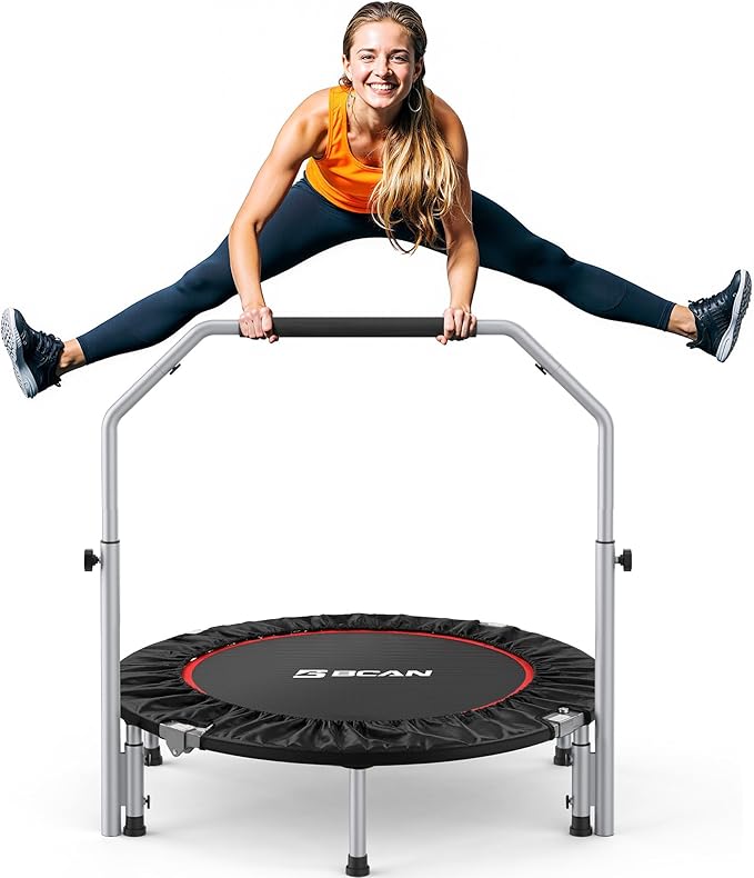 BCAN 40/48" Foldable Mini Trampoline Max Load 330lbs/440lbs, Fitness Rebounder with Adjustable Foam Handle, Exercise Trampoline for Adults Indoor/Garden Workout