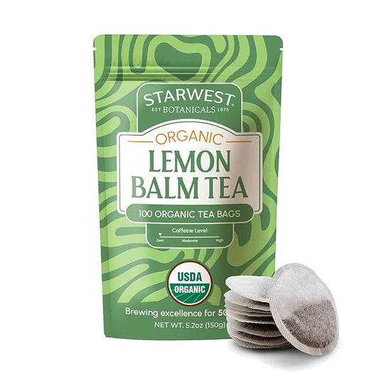 Starwest Botanicals Organic Lemon Balm Leaf Tea - Calming Herbal Tea for Women & Men, Caffeine Free, USDA Organic Lemon Balm Leaf, String Free Sachets, Non GMO - Bulk Pack, 100 Tea Bags