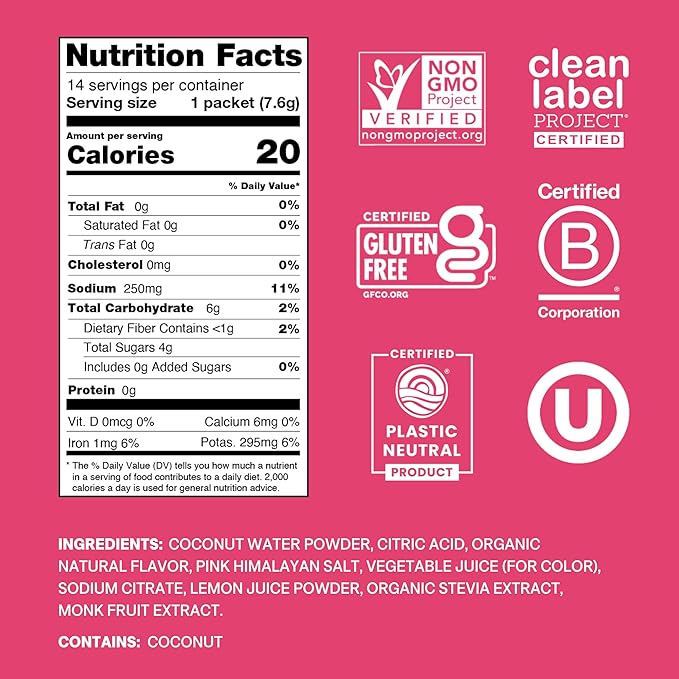 Cure Hydration | Plant-Based Electrolyte Drink Mix | No Added Sugar | FSA-HSA | Dehydration Relief Powder Made with Coconut Water | Non-GMO | Vegan | Pouch of 14 Packets - Tropical Punch
