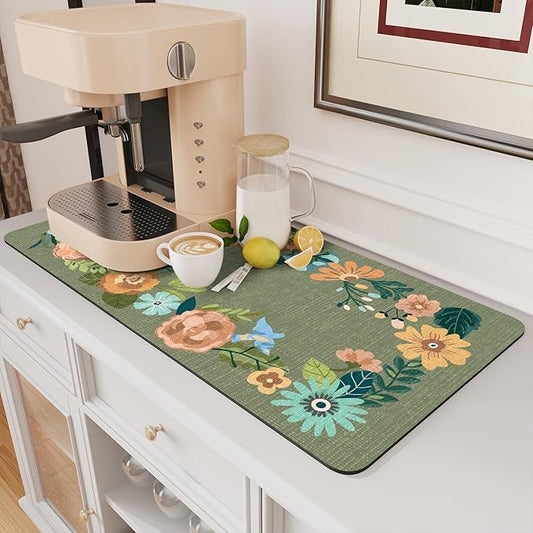 AMOAMI Coffee Mat Hide Stain Rubber Backed Absorbent Dish Drying Mat for Kitchen Counter - Fits Under Coffee Maker or Machine - Floral GREEN 17x31.5