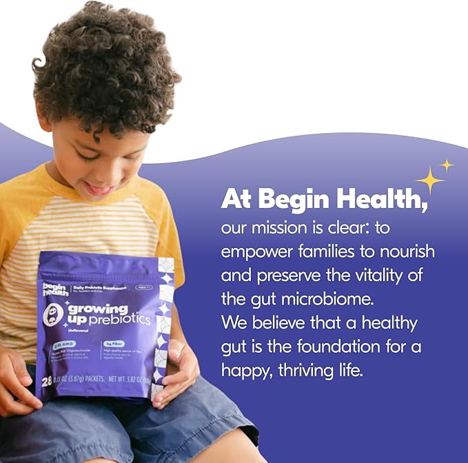 Begin Health Growing Up Prebiotics for Kids 84-Packs | Prebiotic Soluble Powder Stool Softeners and Digestive Gut Health Supplement | Ideal to Mix with Kids Daily Beverages and Soft Foods - Unflavored