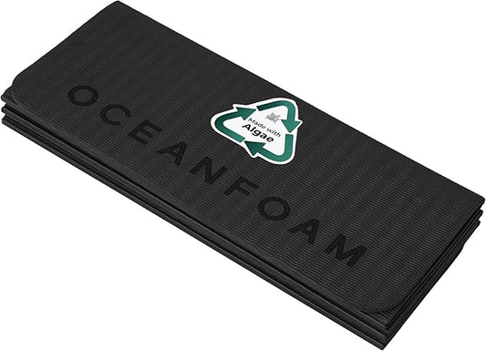 Oceanfoam Travel Workout Mat – 0.3" Thick Folding Exercise Mat for Yoga, Pilates, & Fitness – Non-Slip with Cotton Carrying Strap, Made with Sustainable Algae Foam – 24" x 72" (Charcoal)