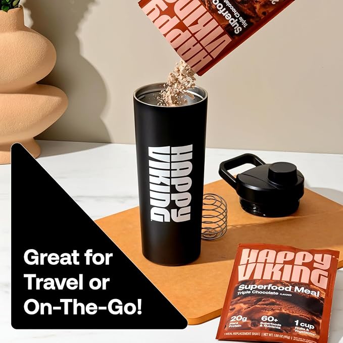 Happy Viking Triple Chocolate Plant Protein Powder, Created by Venus Williams, 20G Protein, Low Carb, Keto, Vegan, Gluten-Free, Non-GMO, Superfoods, Complete Meal Replacement, 8 Single Serve Packs