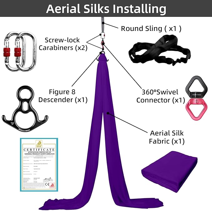 PRIOR FITNESS Aerial Silks Kit Colorful 9/15/20 Yards 40D Nylon Fabric Hammock Set With Hardware & Guide for All Levels Of Aerial Yoga Practice and Acrobatic Flying For Adults Aerial silk