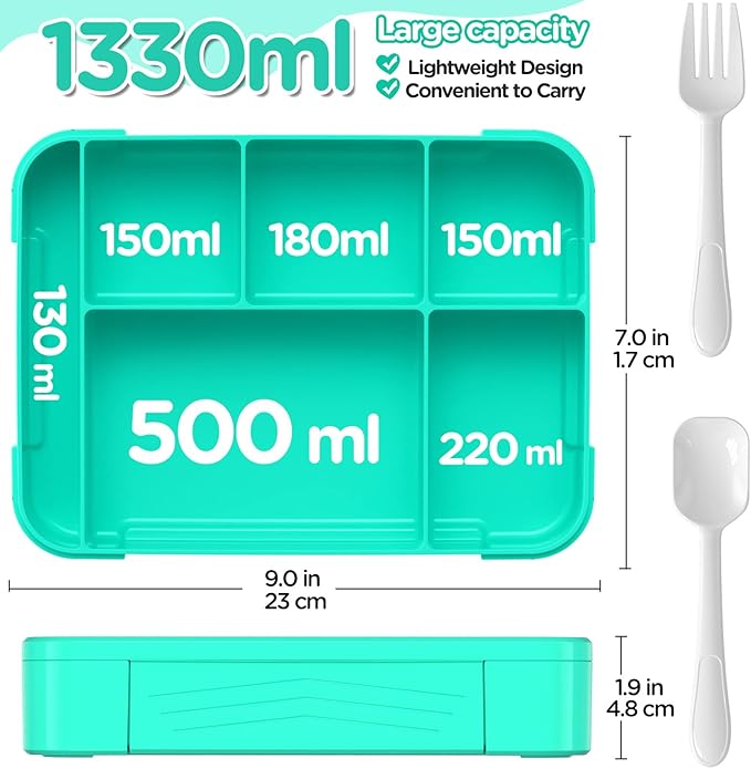 Bento Box Adult Lunch Box, Bento Box Lunch Box Snack Containers for Kid/Adult/Toddler, 6 Compartment Bento Lunch Box for Kids,Microwave & Dishwasher & Freezer Safe(Green)