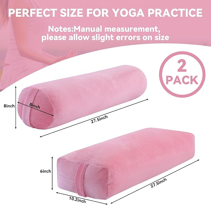 ROYALAY 2 Pcs Yoga Bolster Pillow for Restorative Yoga, Rectangular and Cylinder Meditation Pillow Set with Carrying Handles, Supportive Cushion for Exercise Workout Stretching Meditation,Pink