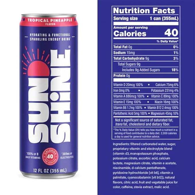 Sunshine Sparkling Energy Drink, Tropical Pineapple with Daily Essential Vitamins, 360mg of Electrolytes, 70mg of Natural Caffeine, 12 Fl Oz (Pack of 24)