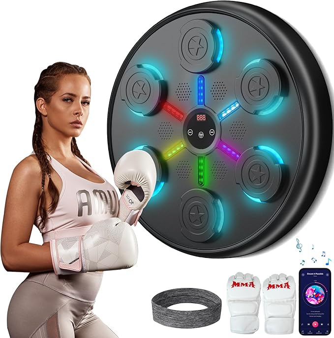 Music Boxing Machine, 2025 Upgrade Boxing Music Workout Machine for Adults Women Kids, Smart Bluetooth Boxing Music Trainer, Wall Mounted Musical Punching Pad, Boxing Machine with Gloves and Headband