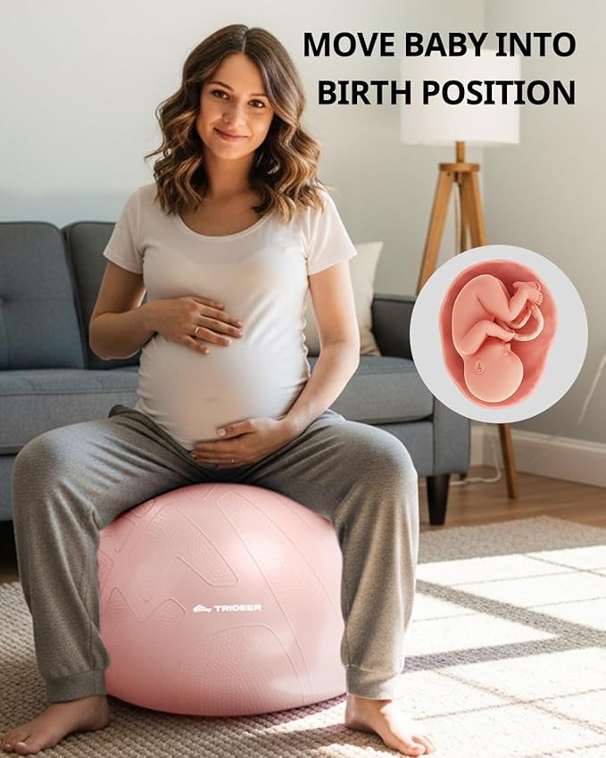 Trideer Pregnancy Birthing Ball - 1.7mm Extra Thick Yoga Ball for Maternity, Labor, Exercise, Physio, Recovery - Guide & Baby Memory Book Included - 440LB Anti-Burst & Non-Slip Stability