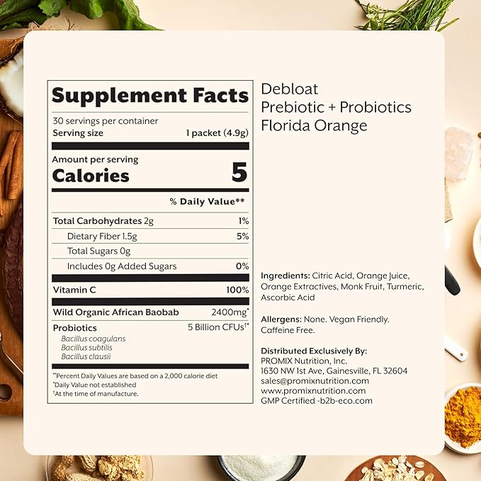 ProMix Nutrition Debloat Prebiotics and Probiotics with Baobab - Rich in Vitamin C, Bloating Relief, Immune Support - Orange - 30 Servings (Pack of 30)