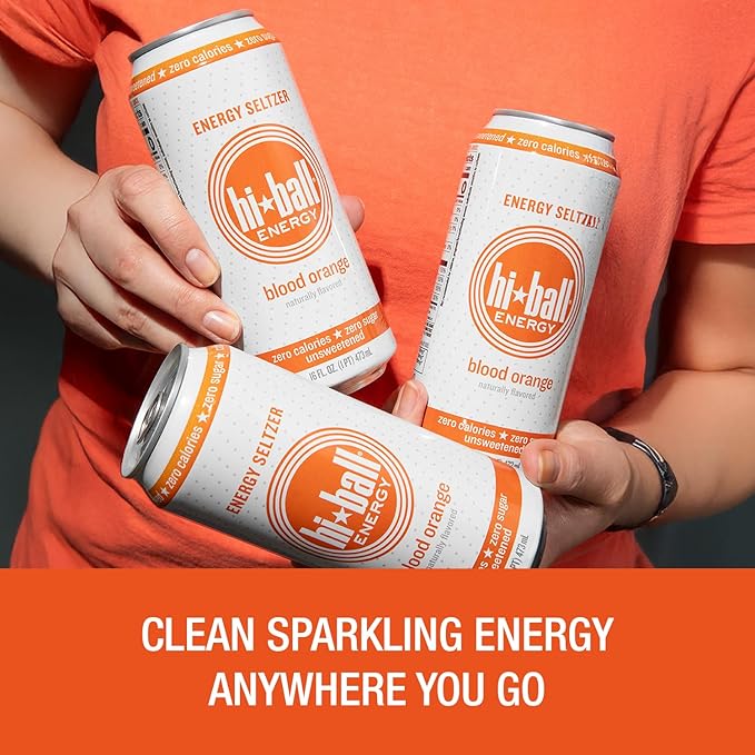Hiball Energy Seltzer Water, Caffeinated Sparkling Water Made with Vitamin B12 and Vitamin B6, Sugar Free of 16 Fl Oz(Pack of 8), Blood Orange