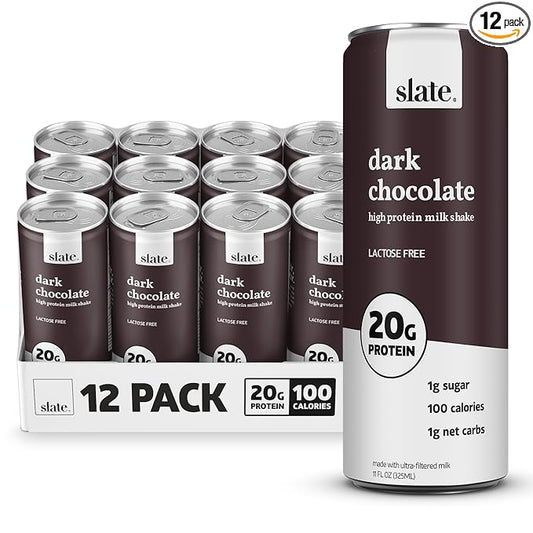 Slate Milk - High Protein Milk Shake - Dark Chocolate - Lactose Free, 20g Protein, 1g Sugar, 100 Calories, 1g Net Carbs, No Added Sugar - Natural, Breakfast Boost, Post Workout - 11 fl oz, 12 Cans