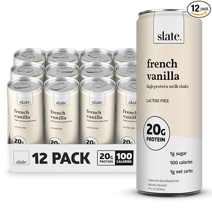Slate Milk - High Protein Milk Shake - French Vanilla - Lactose Free, 20g Protein, 1g Sugar, 100 Calories, 1g Net Carbs, No Added Sugar - Natural, Breakfast Boost, Post Workout - 11 fl oz, 12 Cans